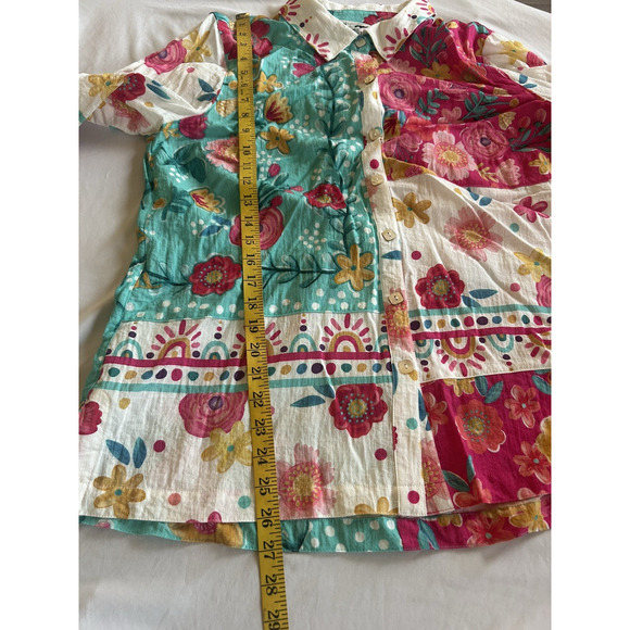 John Mark Floral Boho Button Blouse Womens Size Large Pink Blue Bright Colorful - Picture 7 of 8